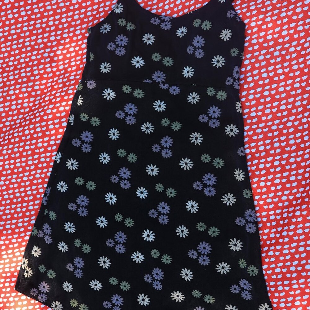 90's Vintage Black Mini Dress with Daisy Pattern